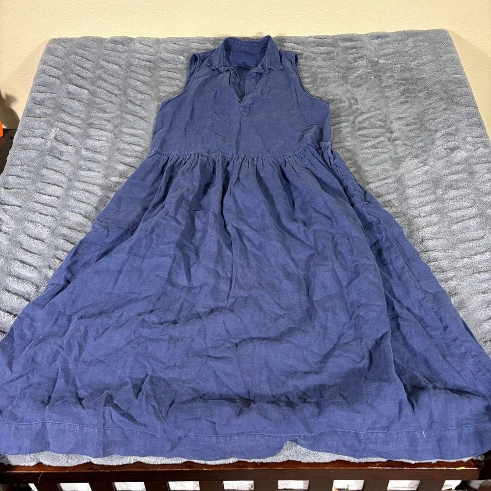 Frank & Eileen Daphne Blue 100% Linen Sleeveless Tiered Midi Dress Womens Medium